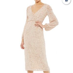 Mac Duggal Blush Sequin V-Neck Long Sleeve Maxi Dress